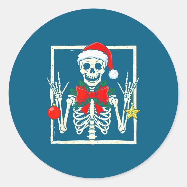 Cool Rocker Skeleton Santa Hat Christmas Punk Rock Runder Aufkleber (Vorderseite)