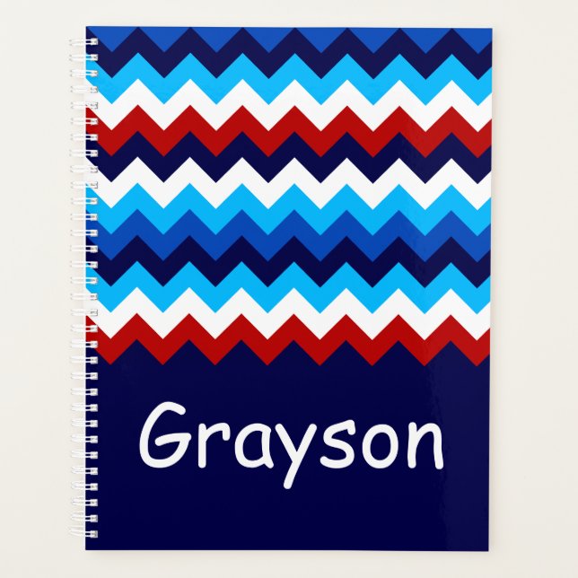 Cool Rouge Blanc Bleu Chevrons Monogram Planner (Devant)