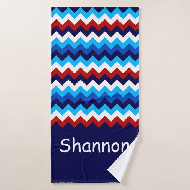 Cool Rouge Blanc Bleu Chevrons Monogram Serviette  (Serviette de bain)