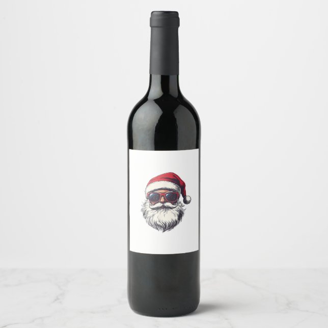 Cool Santa Claus Face Retro Sunglasses Christmas M Weinetikett (Vorderseite)