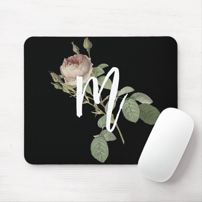 Cool Schwarzweiß Initial mit Rose Minimalistisch Mousepad (Mit Mouse)