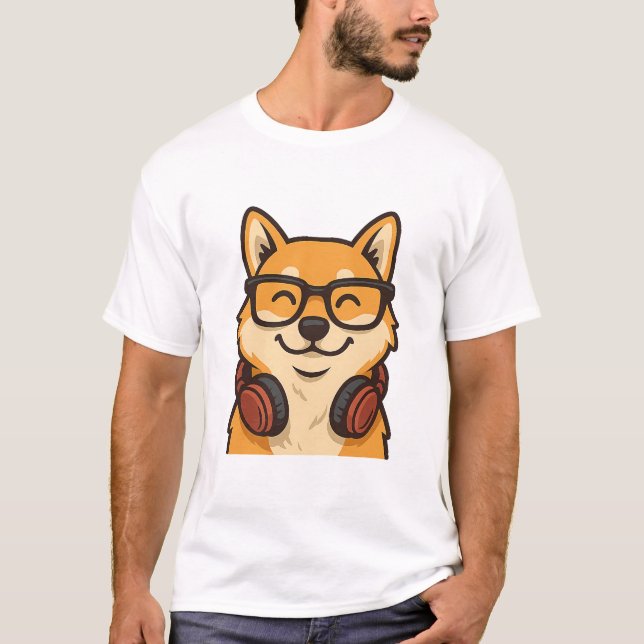 Cool Shiba Inu with Glasses & Headphones — Fun Dog T-Shirt (Vorderseite)