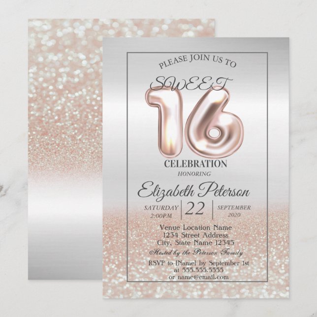 Cool Silver Rose Gold Bokeh Sweet 16 Party Einladung (Vorne/Hinten)