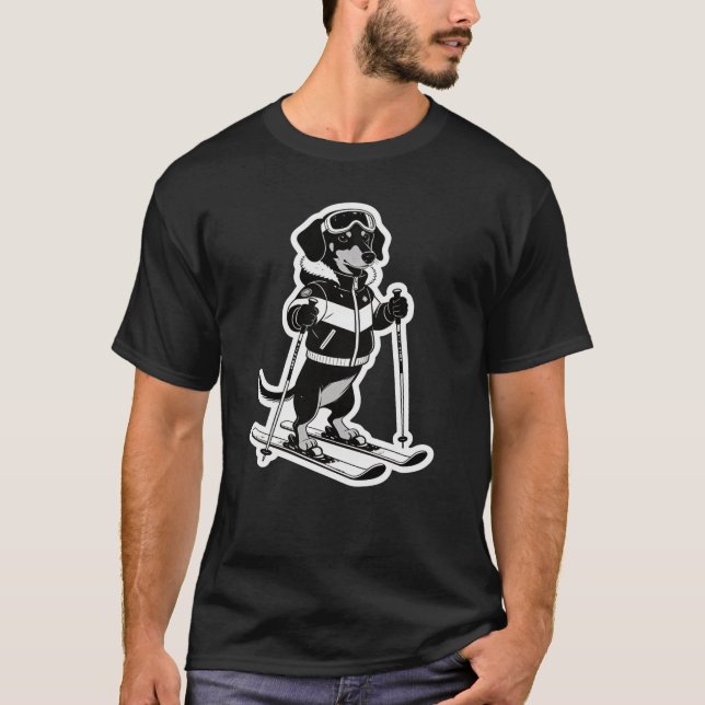 Cool Ski Dog Black and White Cartoon T-Shirt (Vorderseite)