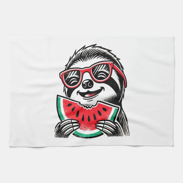 Cool Sloth Eating Watermelon Geschirrtuch (Horizontal)