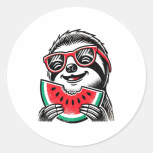 Cool Sloth Eating Watermelon Runder Aufkleber