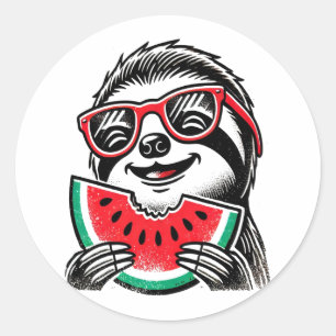 Cool Sloth Eating Watermelon Runder Aufkleber