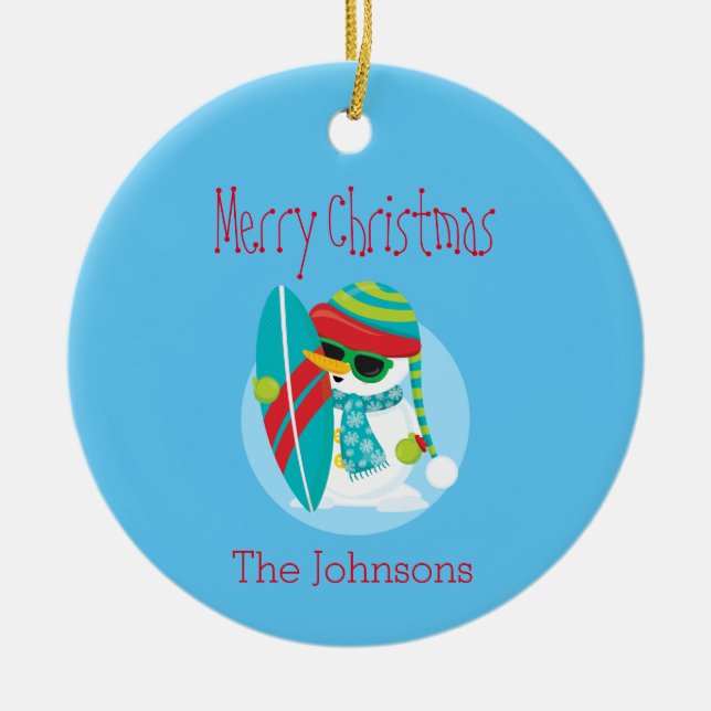 Cool Snowman Christmas Surfer Keramik Ornament (Vorne)