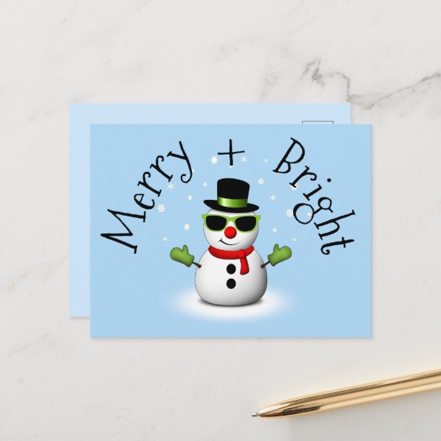 Cool Snowman Merry Bright Weihnachts Custom Family Postkarte (Vorderseite/Rückseite Beispiel)