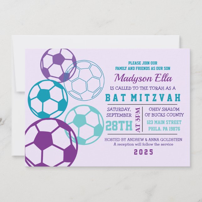 COOL SOCCER Aqua Purple Bat mitzvah Invitation (Devant)