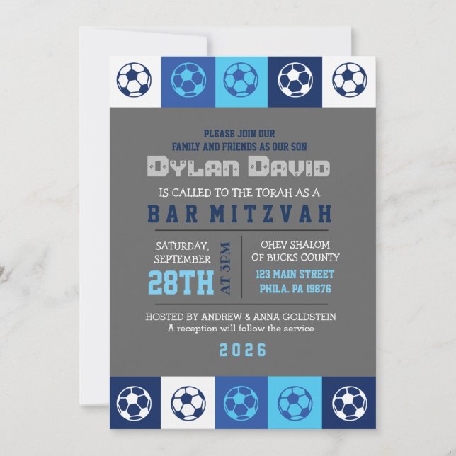 COOL SOCCER Blue Bar Bat mitzvah Invitation (Devant)