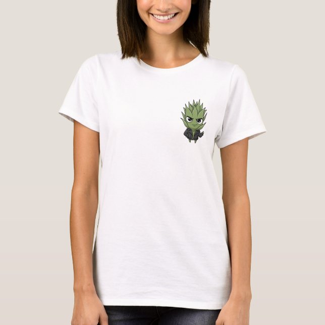 Cool Spiky Pineapple Character in Black Leather T-Shirt (Vorderseite)