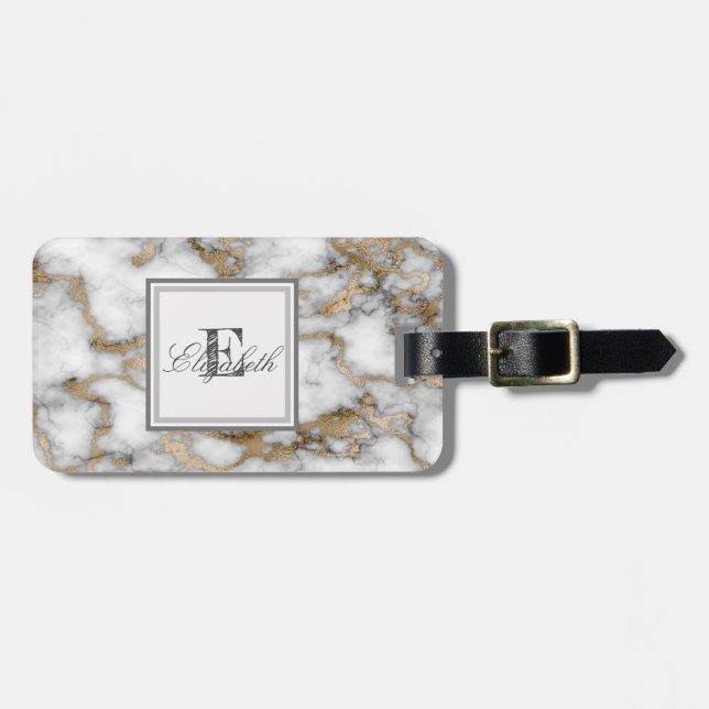 Cool Stone White Gold Marmortextur, Monogramm Gepäckanhänger (Vorderseite horizontal)