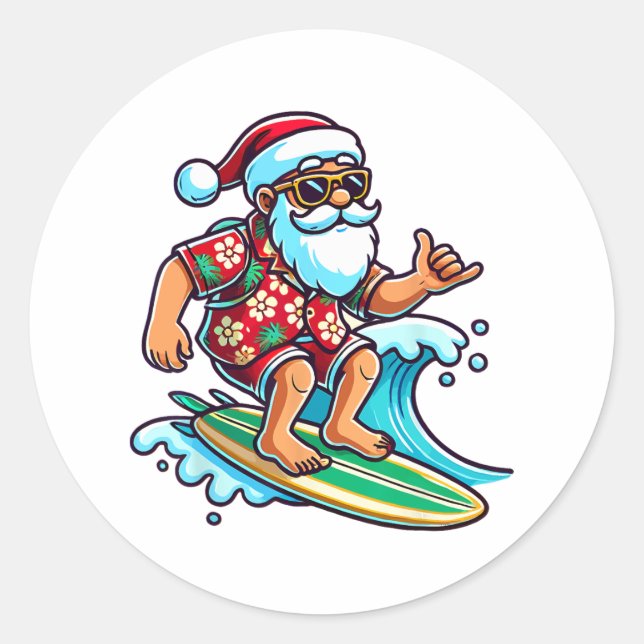 Cool Surfing Santa Christmas In July Summer Beach  Runder Aufkleber (Vorderseite)