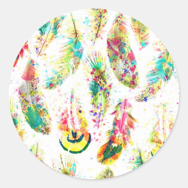 Cool trendige Aquarellfarben Neon Spritzer Federn Runder Aufkleber (Vorderseite)