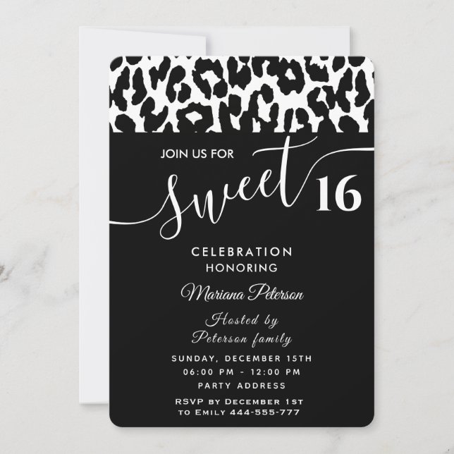 Cool Trendy Schwarz-weiße Leoparden süß 16 Invitat Einladung (Vorderseite)