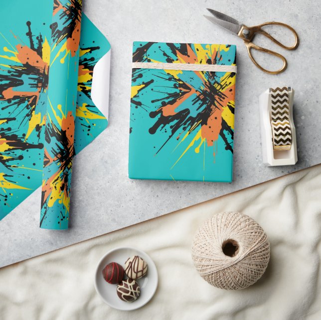 Cool Türkis Blauer Paintball Malerische Platte Geschenkpapier (Kunsthandwerk)