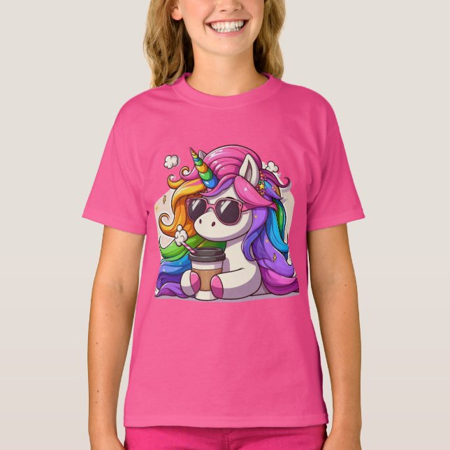 Cool Unicorn with Sunglasses and Coffee T-Shirt (Vorderseite)