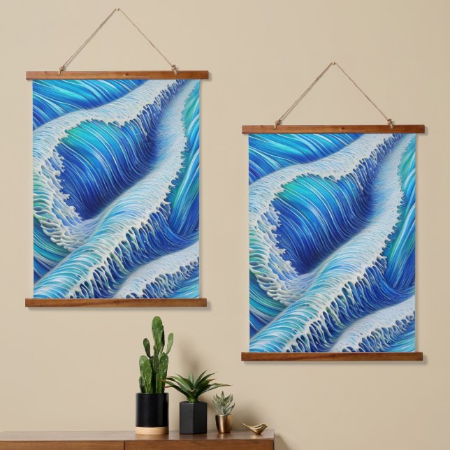 Coole Abstrakte Blauwellen Wandteppich Mit Holzrahmen (Asymmetrisch)
