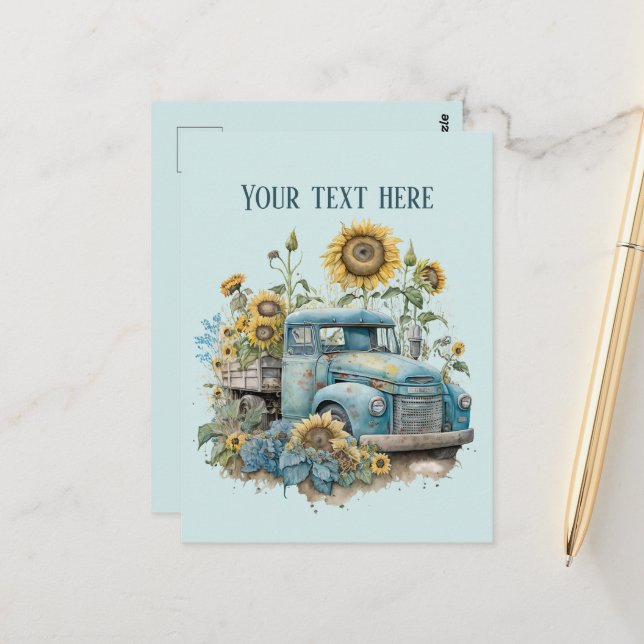 Coole alte Bauern LKW Sonnenblumen ergänzen Text Postkarte (Vorderseite/Rückseite Beispiel)