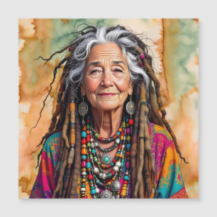 Coole alte Dame in Dreadlocks Hippie-Frau   Magnetkarte