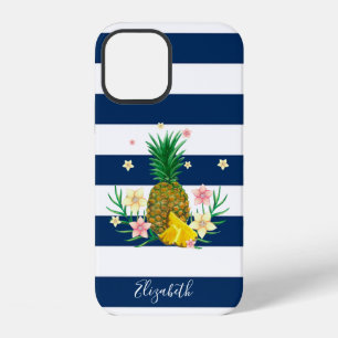 Coole Ananas Blumen , Marineblaue Streifen iPhone 12 Hülle