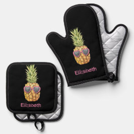 Coole Ananas, Schwarzkarosse Ofenhandschuh & Topflappen-Set
