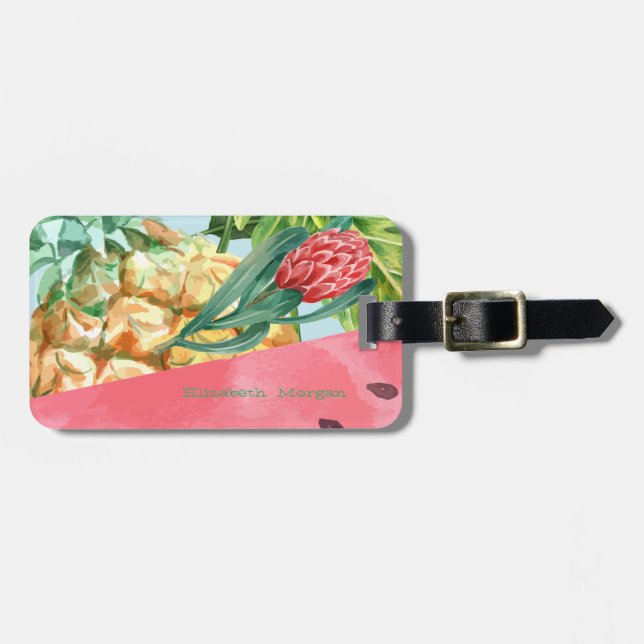 Coole Ananas Watermelon Hibiskus Palm Blätter Gepäckanhänger (Vorderseite horizontal)