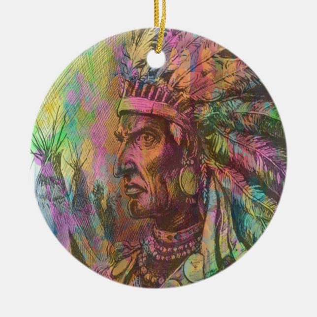 Coole antike amerikanische Ureinwohner-Cliparts-Fa Keramikornament (Vorne)