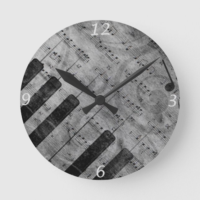 Coole antike Grunge-Effekt-Piano-Musiknoten Runde Wanduhr (Vorderseite)