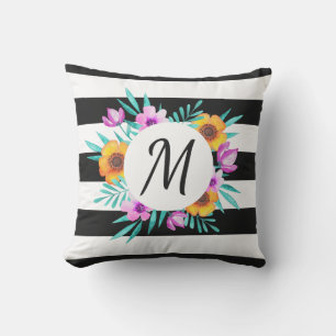 Coole Aquarellfarben Schwarz Streifen Monogramm Kissen