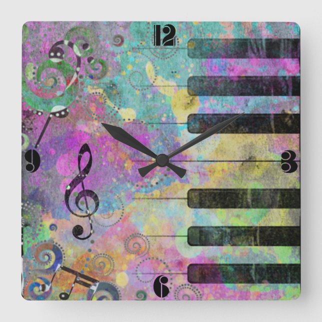 Coole Aquarellfarben Spritzer Farbiges Klavier Quadratische Wanduhr (Vorderseite)