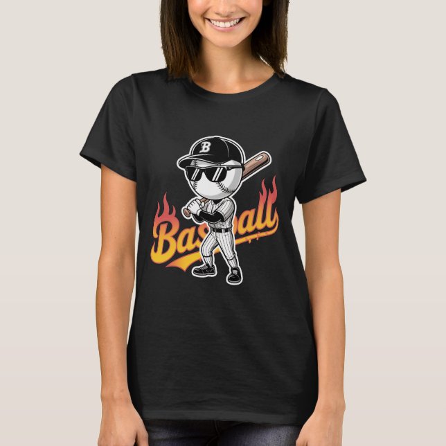 Coole Baseball-Maskottchen-Sonnenbrille Flammender T-Shirt (Vorderseite)