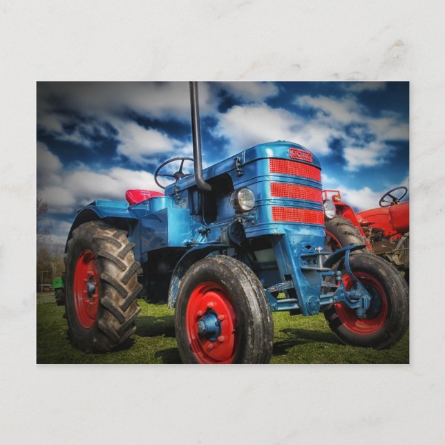 Coole blaue rote antike Traktorengeschenke für Bau Postkarte (Vorderseite)