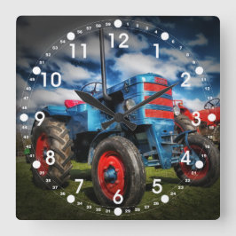 Coole blaue rote antike Traktorengeschenke für Bau Quadratische Wanduhr