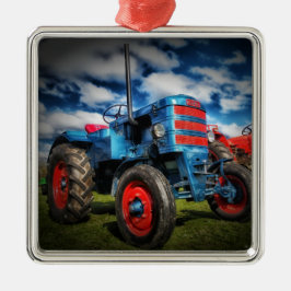 Coole blaue rote antike Traktorengeschenke für Bau Silbernes Ornament