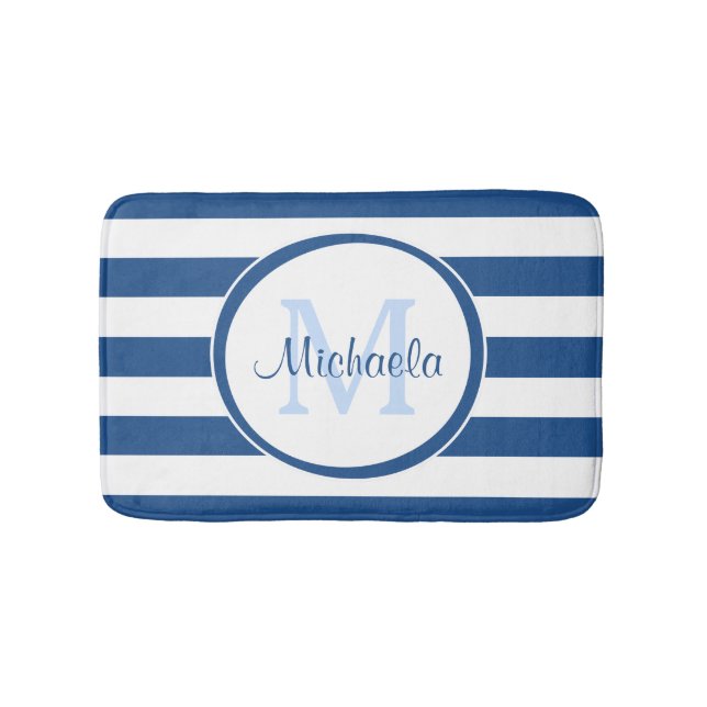 Coole blaue Rugby-Streifen mit Namen und Monogramm Badematte (Vorderseite)