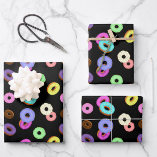 Coole, bunte Donuts schwarz Geschenkpapier Set