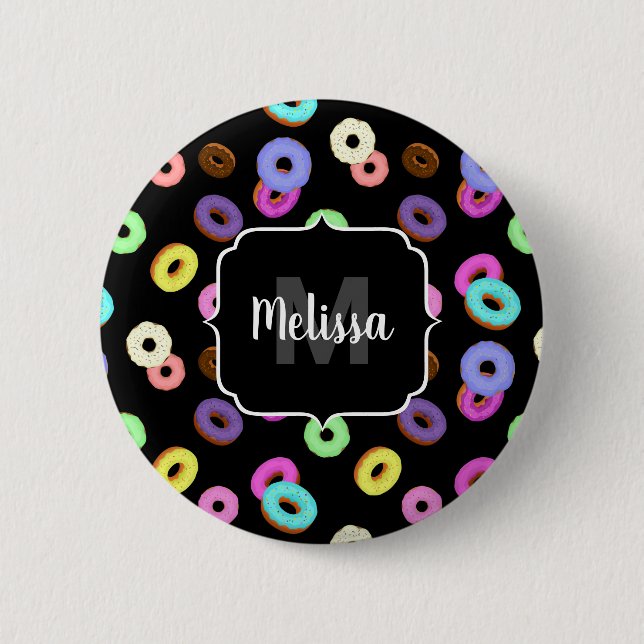 Coole, bunte Donuts schwarze Monogramm Button (Vorderseite)