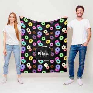 Coole, bunte Donuts schwarze Monogramm Fleecedecke