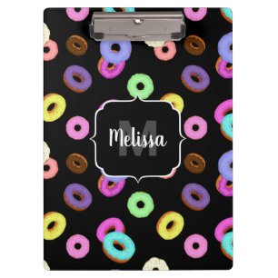 Coole, bunte Donuts schwarze Monogramm Klemmbrett