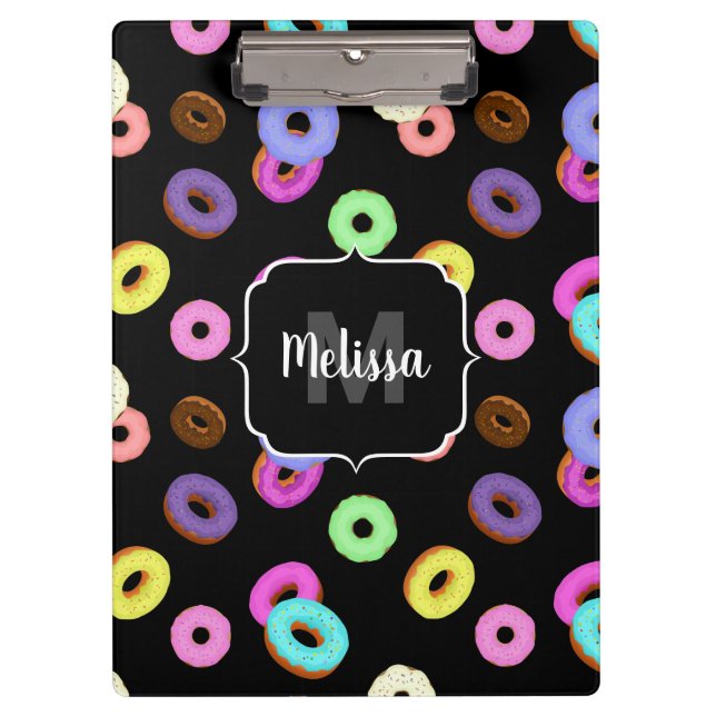 Coole, bunte Donuts schwarze Monogramm Klemmbrett (Vorderseite)