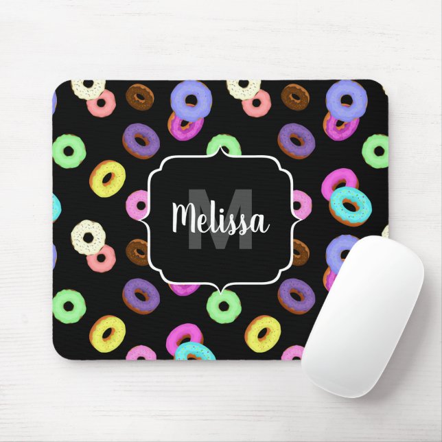 Coole, bunte Donuts schwarze Monogramm Mousepad (Mit Mouse)