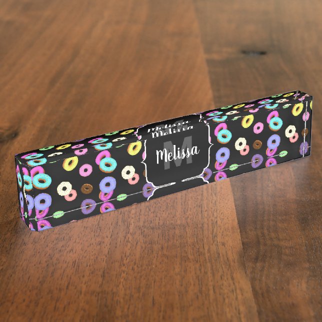 Coole, bunte Donuts schwarze Monogramm Namensplakette (Seite)