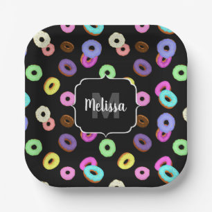 Coole, bunte Donuts schwarze Monogramm Pappteller