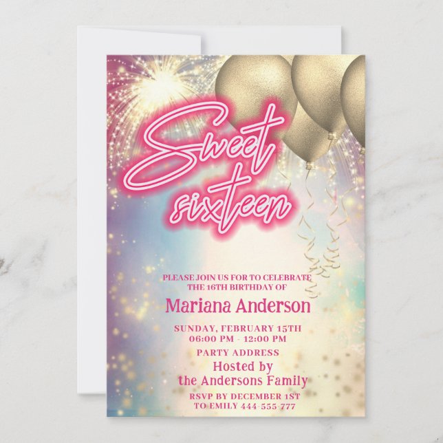 Coole, bunte Goldballon-Feuerwerk Einladung (Vorderseite)