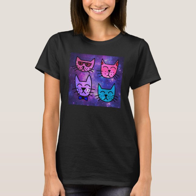 Coole Cat Faces auf einem Weltraumhintergrund T-Shirt (Vorderseite)