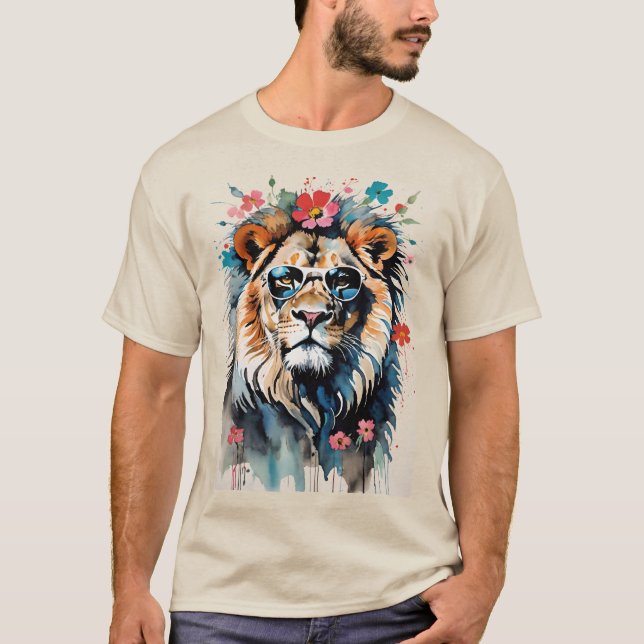 Coole Cat Lion Tragesonne mit Blume T-Shirt (Vorderseite)