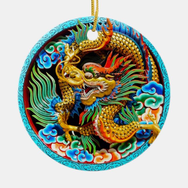 Coole chinesische bunte Drachelotos-Blumenkunst Keramikornament (Vorne)