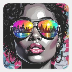 Coole Comic-Frau in der Stadt mit Sonnenbrille Quadratischer Aufkleber